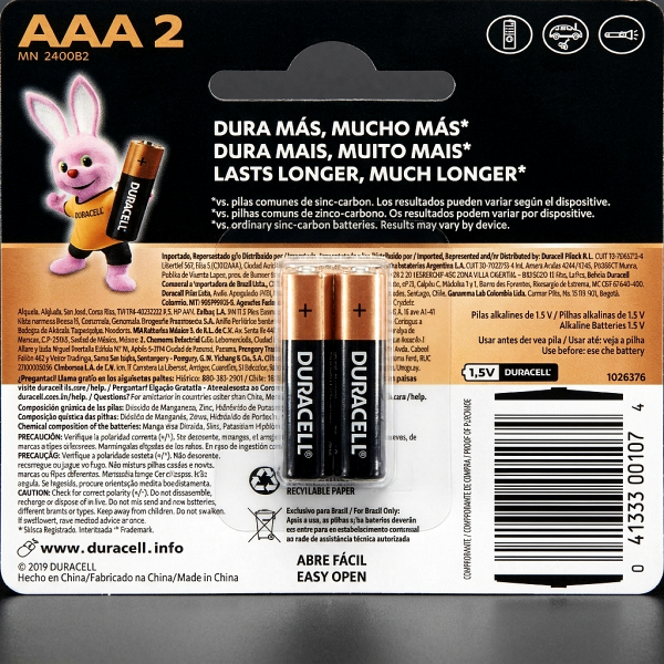 Pilas AAA Duracell Alcalinas - Paquete de 2 Unidades, 1.5V