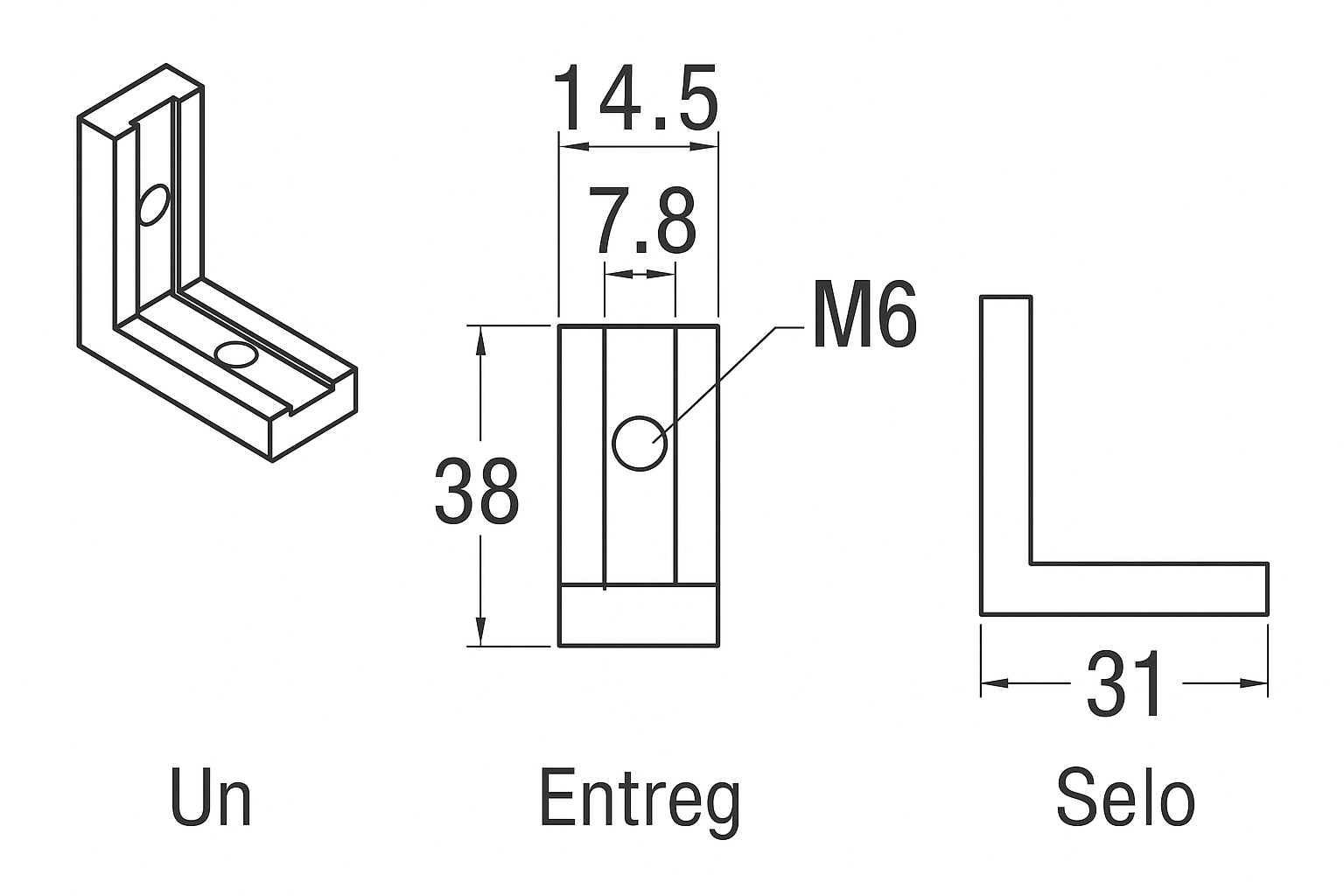 Grafico tecnico de Soporte en L de Zinc para Perfil de Aluminio Serie 30 con Agujero M6 y Tornillos
