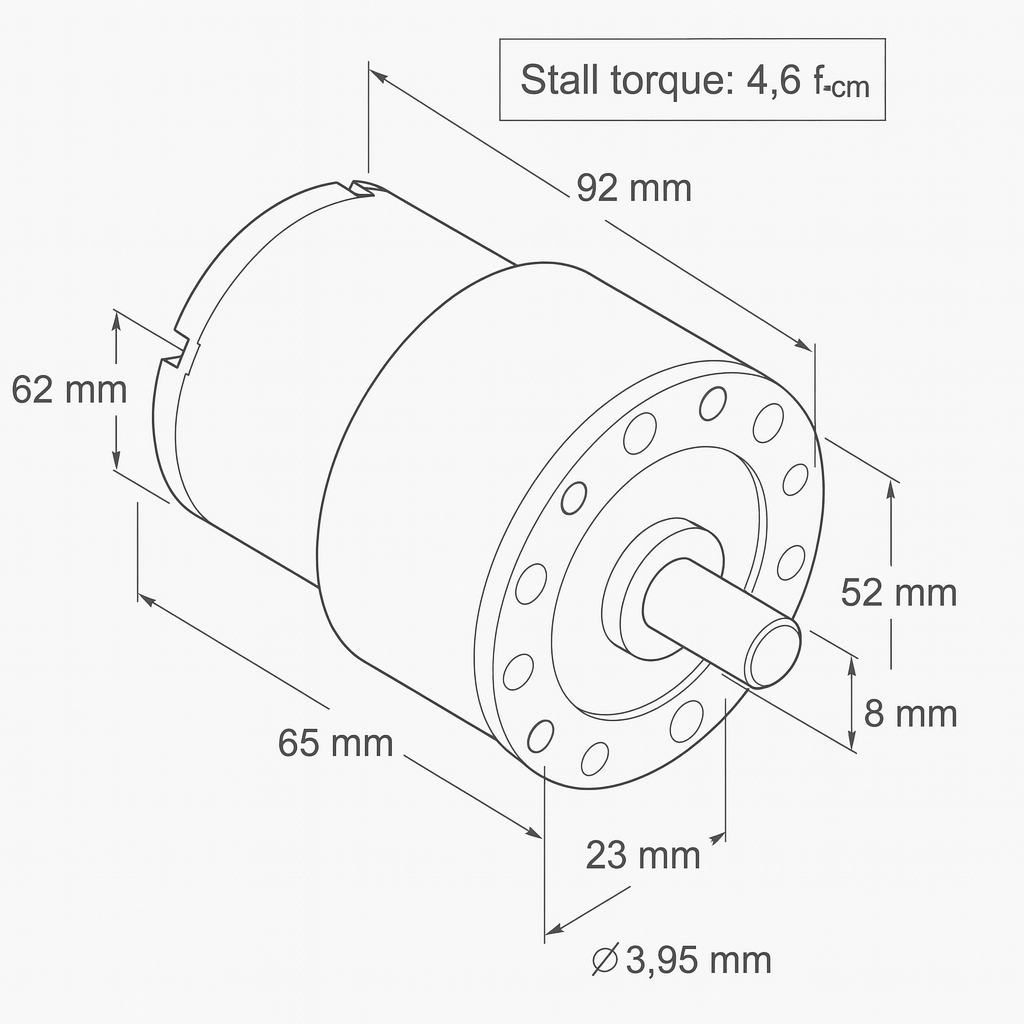 Grafico tecnico de Motorreductor DC JGB37-520 12V con 107 RPM sin Base de Fijación