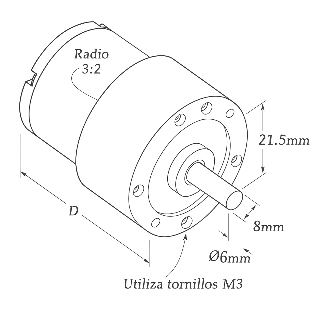 Grafico tecnico de Motorreductor DC JGB37-520 12V con 107 RPM sin Base de Fijación