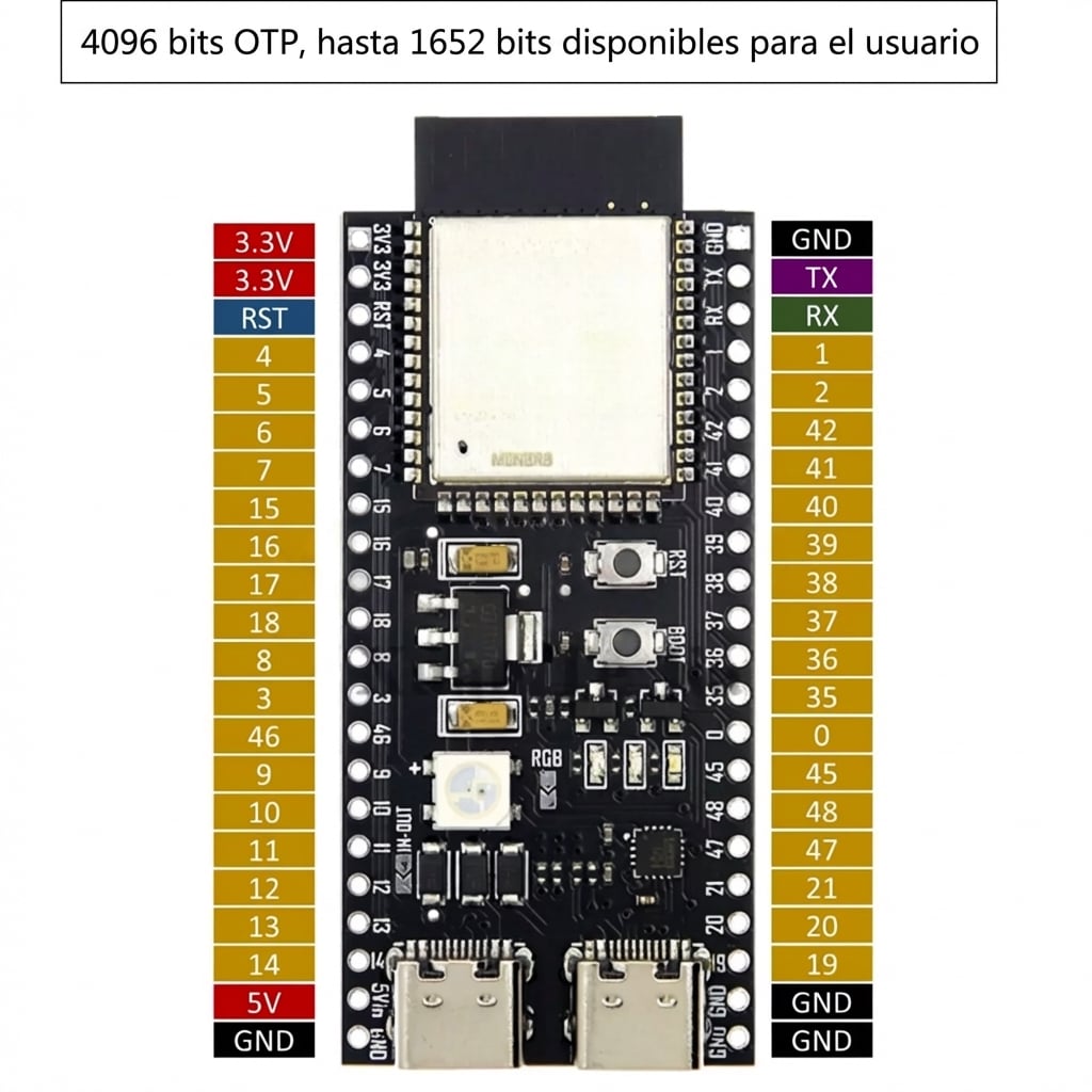 Grafico tecnico de Placa de Desarrollo ESP32-S3 con Módulo N16R8 sin Soldar - USB Tipo C y LED RGB Integrado