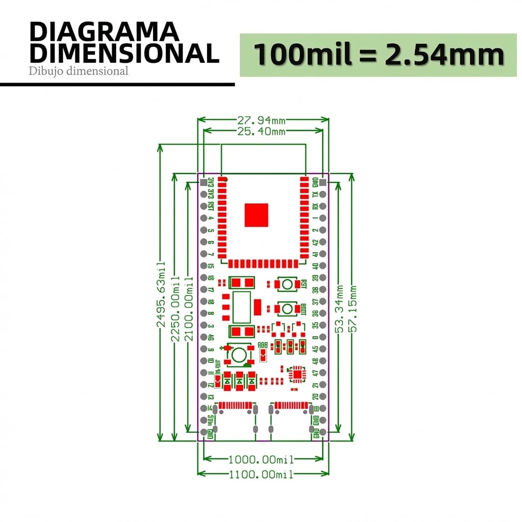 Grafico tecnico de Placa de Desarrollo ESP32-S3 con Módulo N16R8 sin Soldar - USB Tipo C y LED RGB Integrado