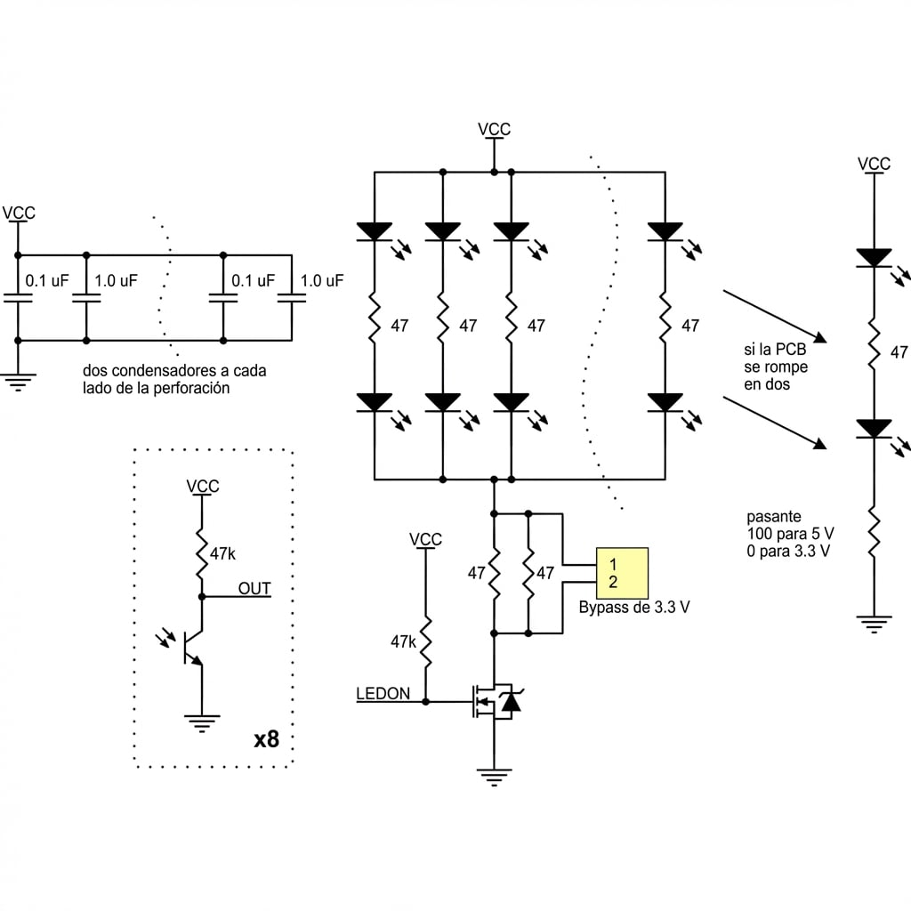 Grafico tecnico de Arreglo de sensor de reflexion Infrarrojo QTR-8A Pololu