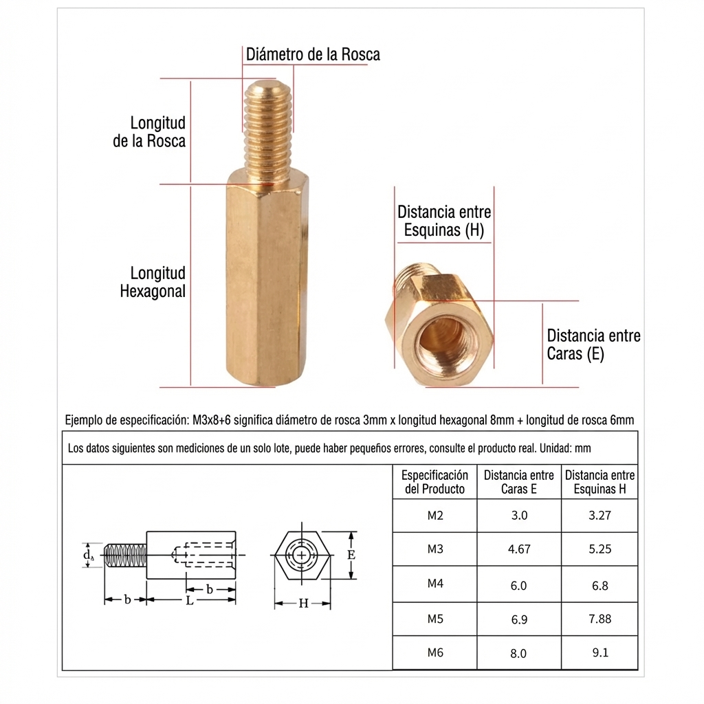 Grafico tecnico de Pilar Hexagonal de Cobre M3x7+6 mm para Tarjetas y Circuitos (20 piezas)