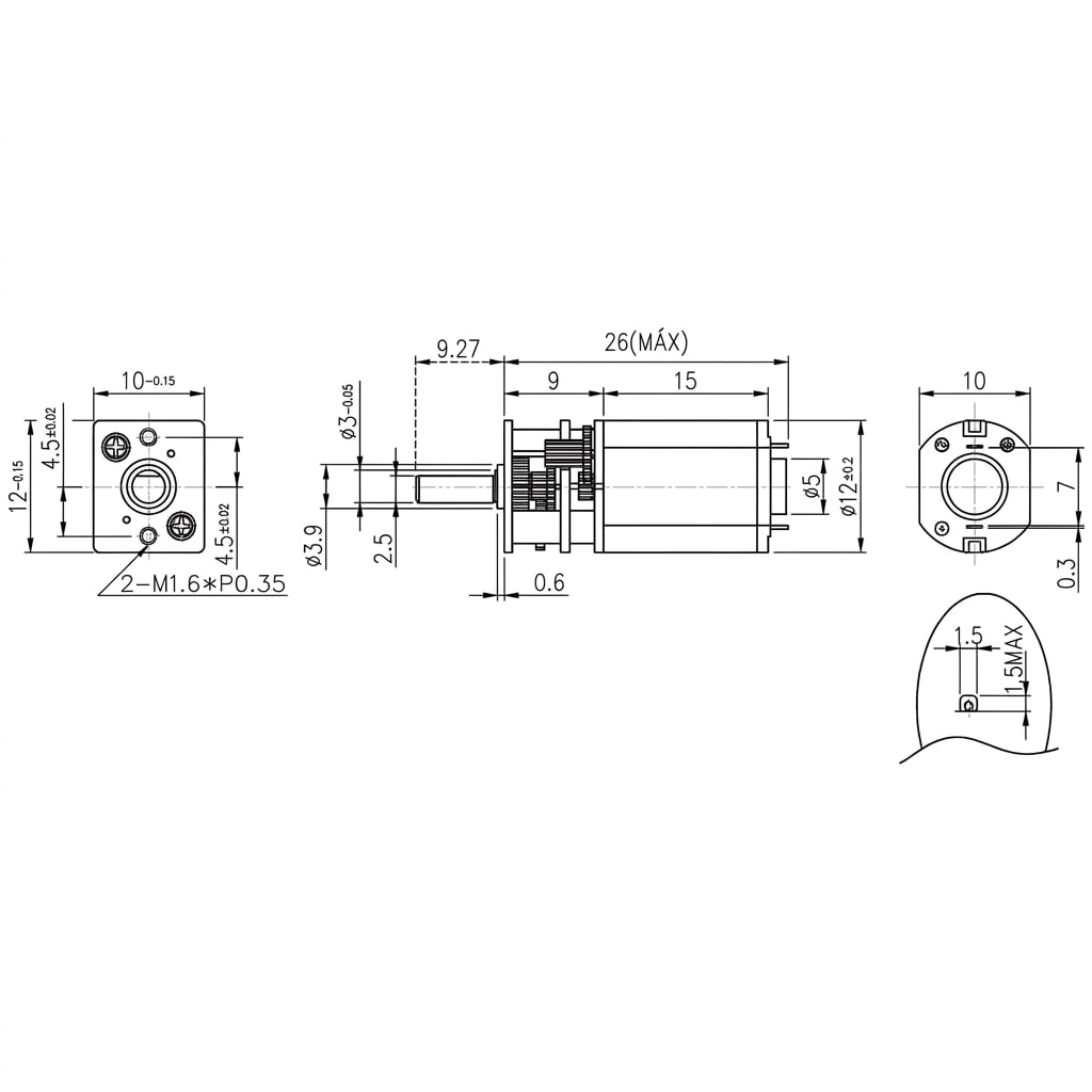 Grafico tecnico de Motorreductor N20-50 12GA/N20-20 6V 400 RPM 0.4 Kg.cm – Ideal para Robótica y Automatización