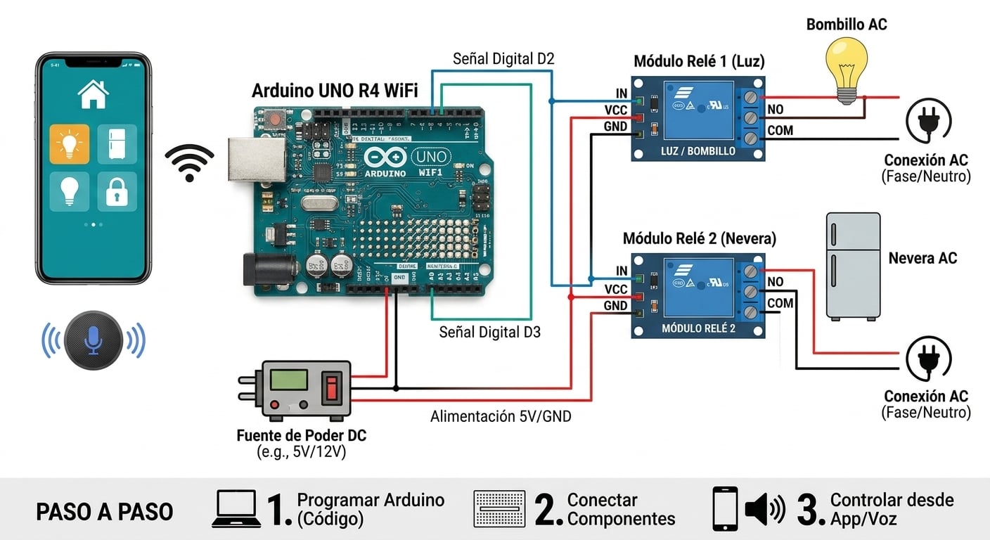 Circuito o conexion sugerida de Controlar luces, cerraduras y electrodomésticos desde el celular mediante aplicaciones o asistentes de voz. con Arduino UNO R4 Compatible con WIFI