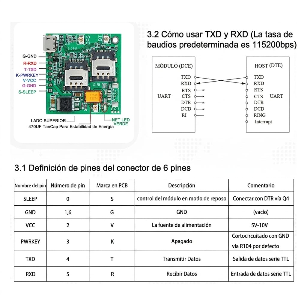 Grafico tecnico de Módulo 4G LTE Cat1 A7670G-LABE con GPS, TTL Transparente, USB/TTL y Doble SIM – Placa BK-A7670E/SA/G