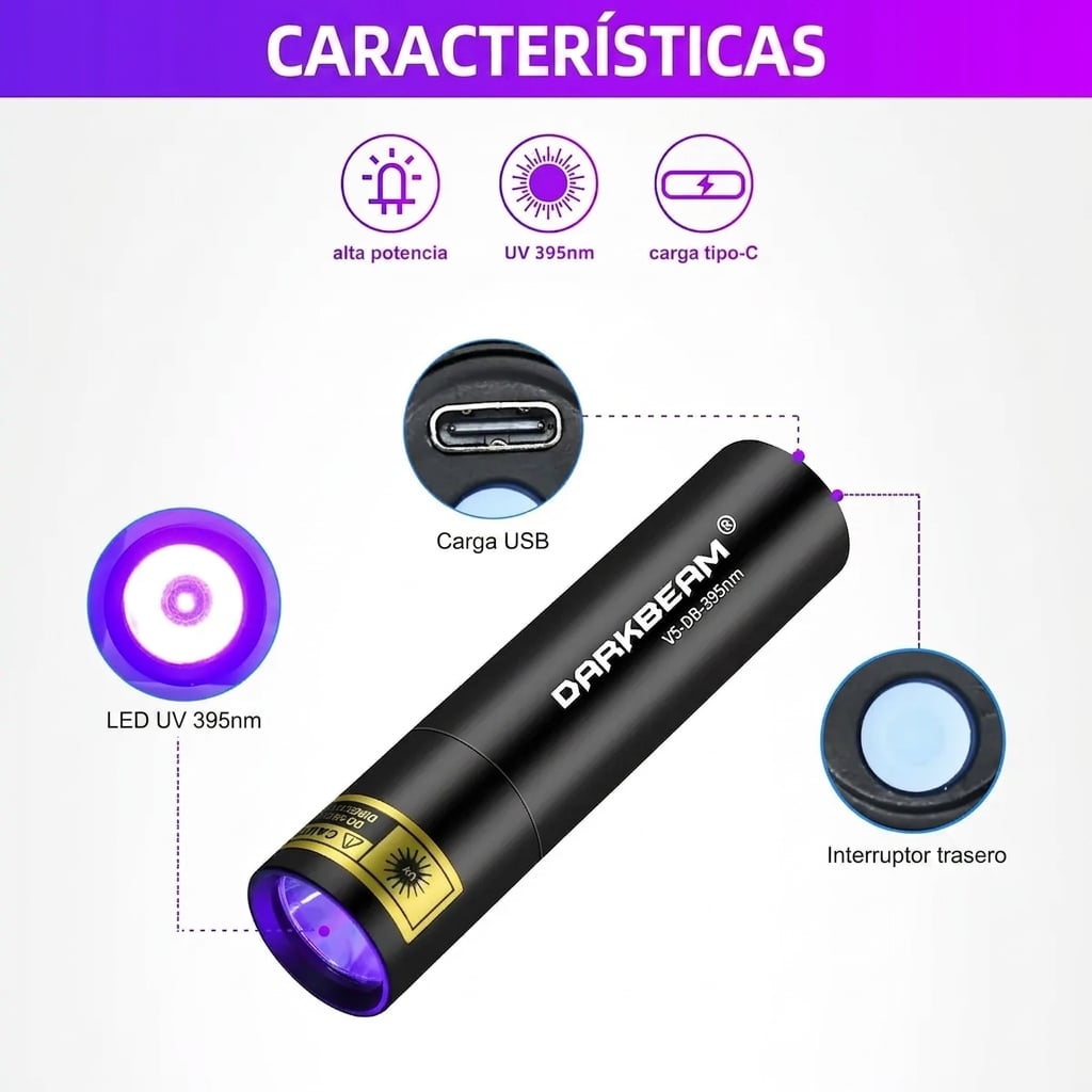 Grafico tecnico de Linterna UV 365nm Luz Negra LED Ultravioleta Recargable USB-C 10W - DARKBEAM