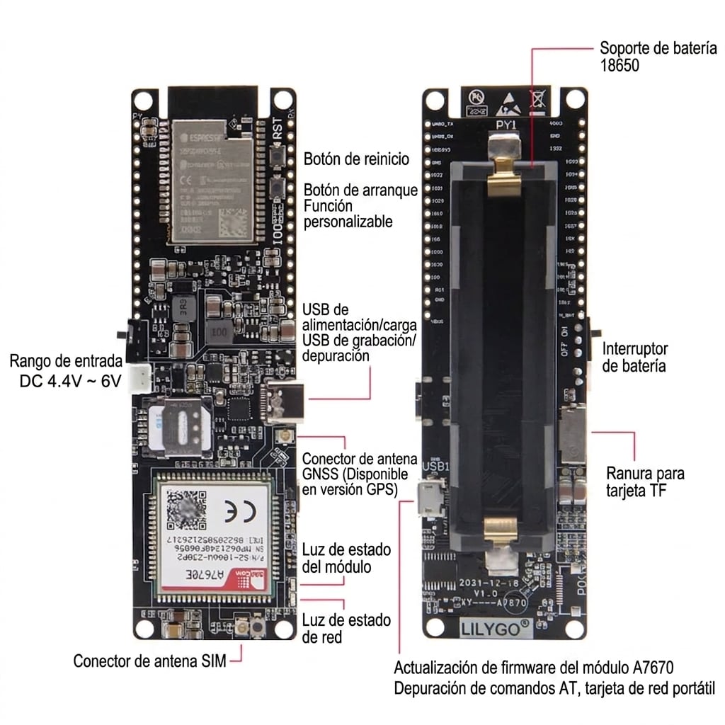Grafico tecnico 1 de 3 de Módulo 4G LTE CAT1 ESP32 T-A7670E R2 con GPS para IoT