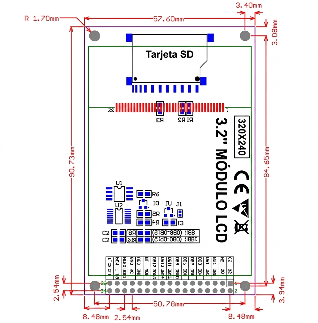 Grafico tecnico 1 de 2 de Módulo TFT LCD 3.2" ILI9341 34PIN para STM32, Pantalla