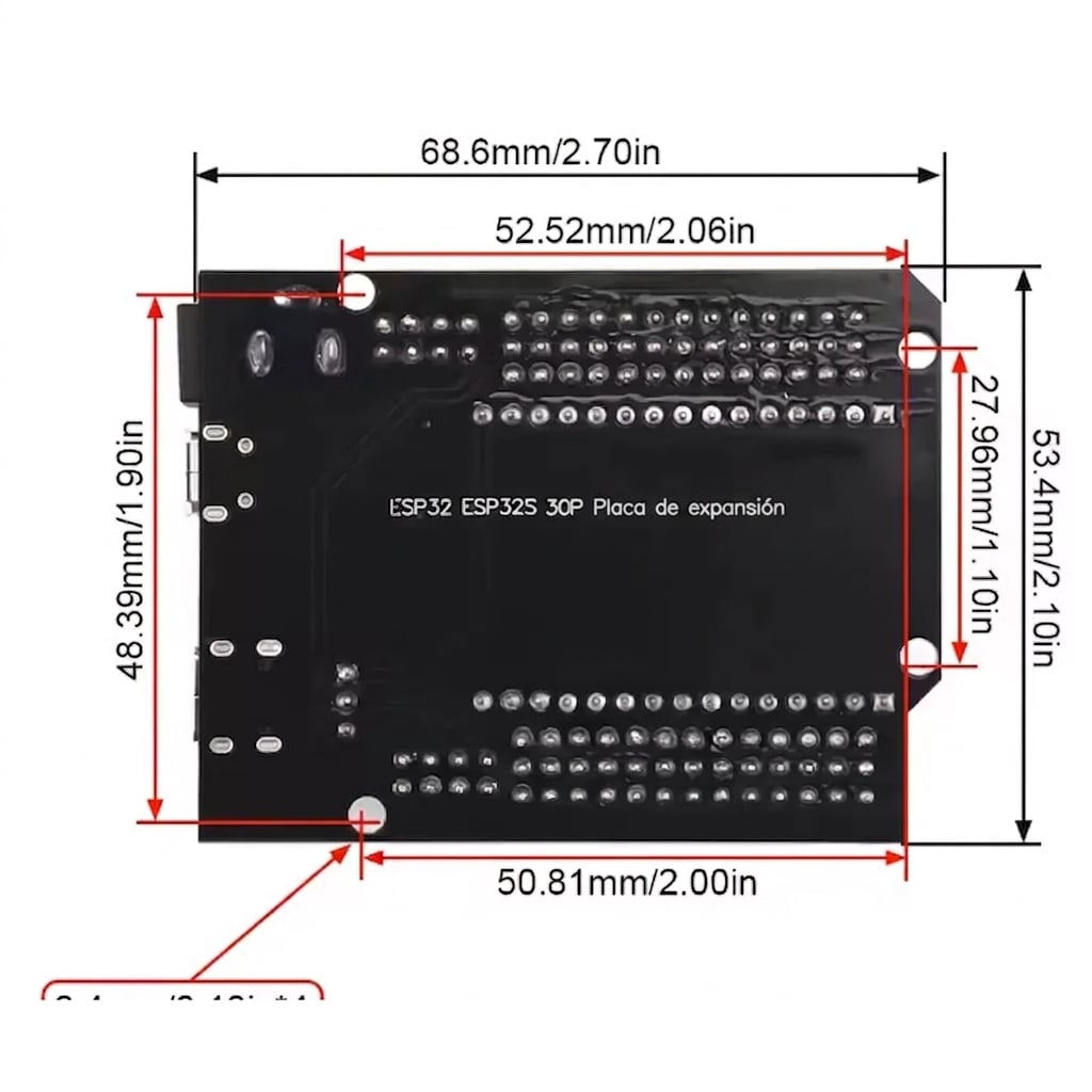 Grafico tecnico 2 de 2 de Tarjeta de expansión I/O para ESP32 30 pines con USB tipo C