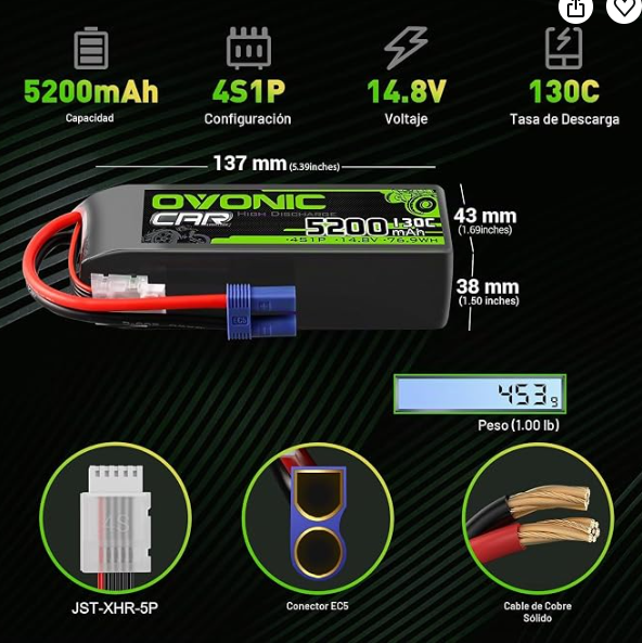 Grafico tecnico 2 de 2 de Batería LiPo OVONIC 4S 14.8V 5200mAh 130C EC5 | 2 Paquetes